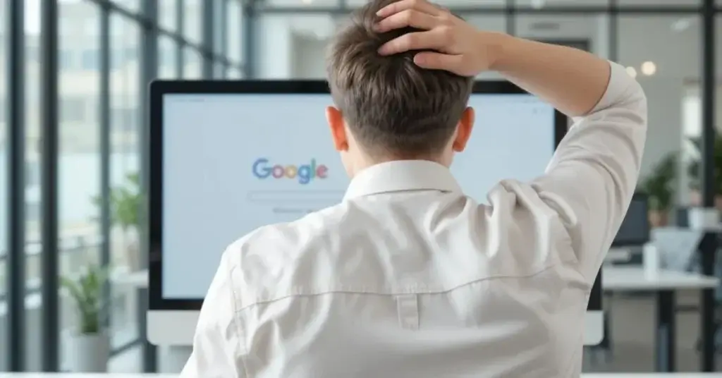 empresário frustrado olhando para busca no Google sem encontrar sua empresa