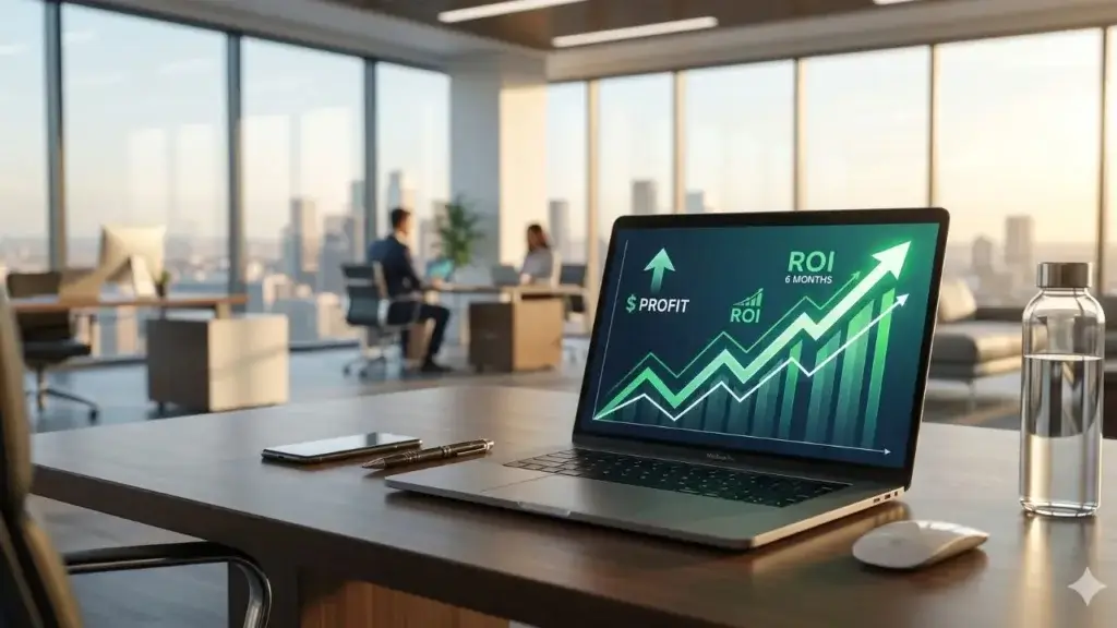 Gráfico de retorno sobre investimento em site profissional exibindo crescimento financeiro em 6 meses